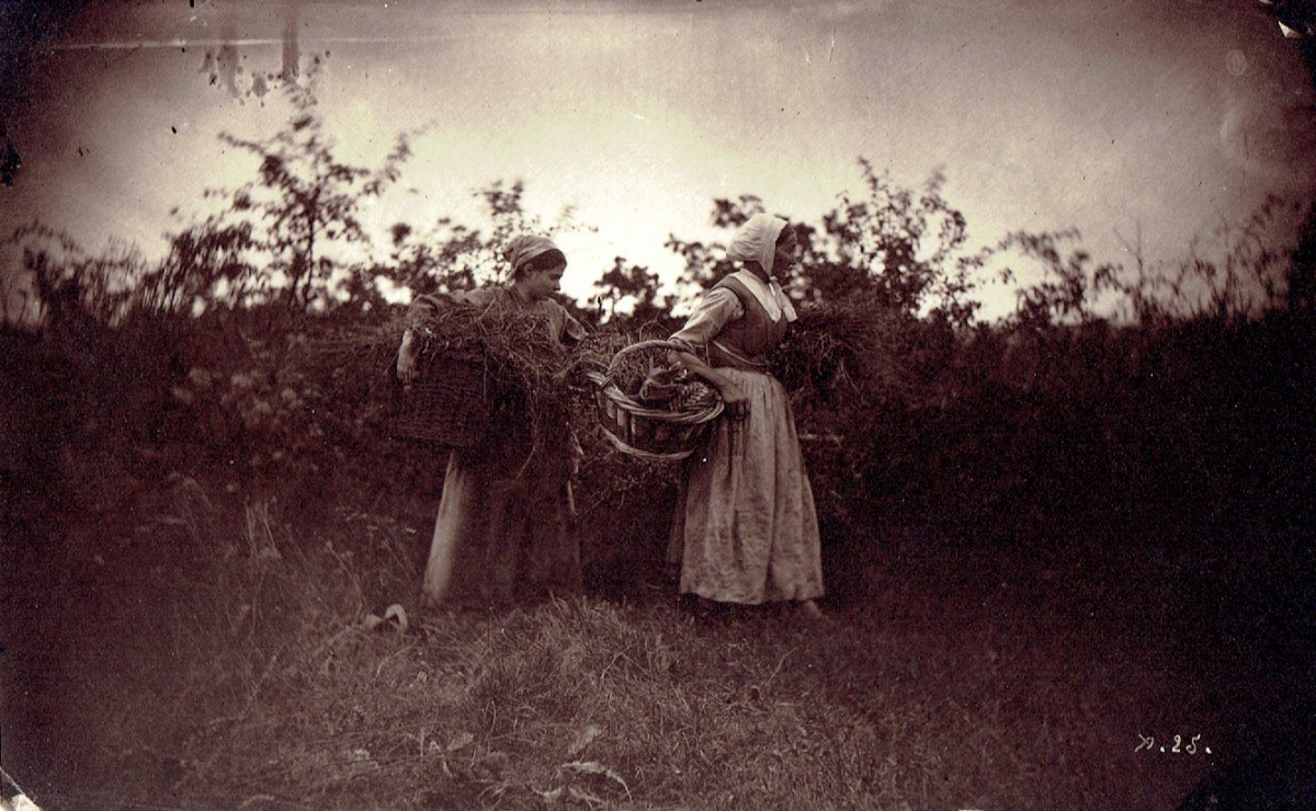 Two Women with Baskets in Field