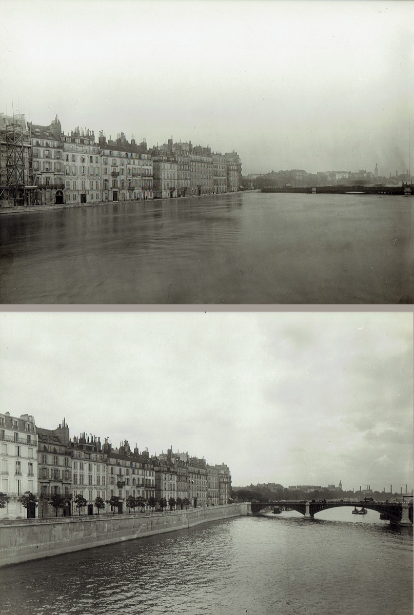 Paris Flood, Pont de Sully & Quai de Bethune, Jan. 27-31, 1910  & six months later