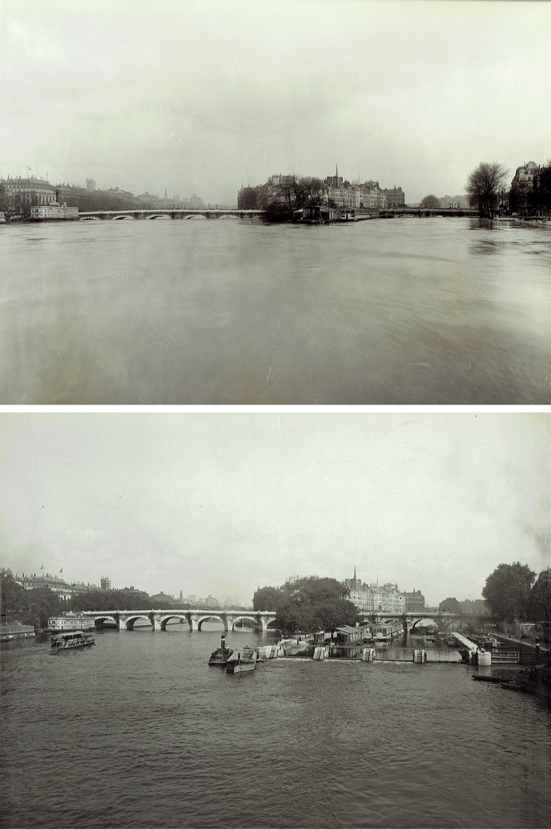 Paris Flood, Looking east to the Pont Neuf, Jan. 27-31, 1910 & six months later