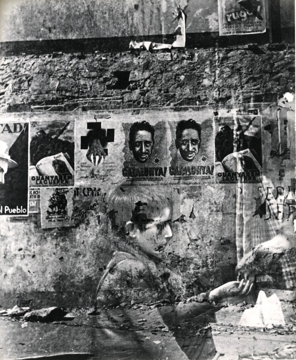 Spanish boy begging and wall, multiple exposure or collage